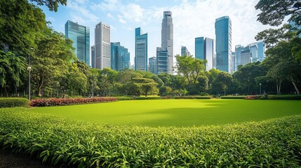 Obraz premium lush green urban park with manicured lawn framed by modern city skyline serene oasis contrasts with bustling metropolis in background