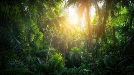 lush jungle panorama dense tropical forest with towering palm trees and diverse vegetation vibrant greens and dappled sunlight create immersive exotic atmosphere of untamed wilderness