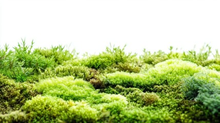 lush moss carpet with intricate textures and varying shades of green macro photography reveals delicate structures soft diffused lighting enhances natural beauty against pure white backdrop
