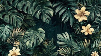 lush tropical wallpaper design with intricate handdrawn monstera leaves palms and exotic flowers in vibrant greens and earthy tones