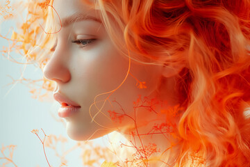 A young woman with striking orange curls gazes thoughtfully to the side, framed by wispy flowers in soft sunlight, evoking a tranquil and dreamy atmosphere