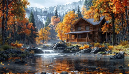 Cozy log cabin by autumn stream in vibrant forest

