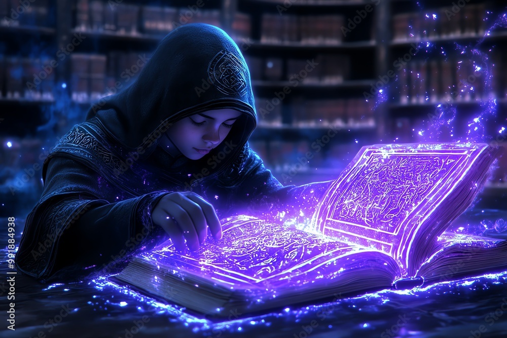 Poster a student in a fantasy world library, surrounded by ancient, glowing books and magical scrolls, lear