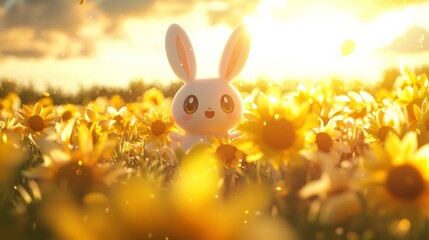 Fototapeta premium Adorable Kawaii Japanese Mythical Creature Dancing in Sunflower Field