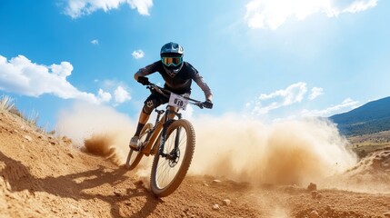 Mountain Biker Racing Through Dusty Trail