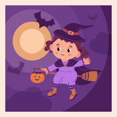 Little flying witch on night sky background, element for halloween party, invitation, greeting card. Girl on broom with festive pumpkin, isolated graphic.Vector illustration