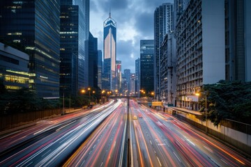 Naklejka premium Road in city with skyscrapers and car traffic light trails. Long exposure of evening rush hour with cars racing in and out of Downtown with generative ai