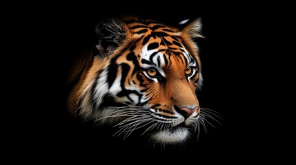 Fototapeta premium A tiger rests gracefully, highlighted by a dark background that accentuates its powerful form and vibrant fur colors.