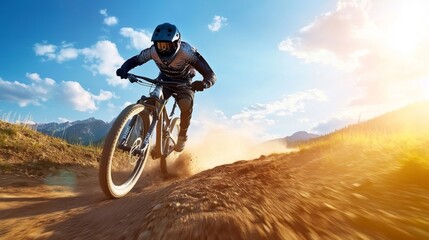 Mountain Biker Racing Through Dusty Trail at Sunset