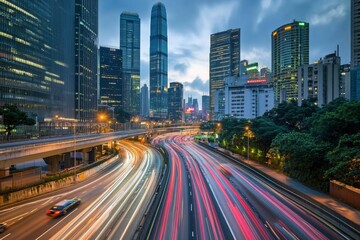 Obraz premium Road in city with skyscrapers and car traffic light trails. Long exposure of evening rush hour with cars racing in and out of Downtown with generative ai