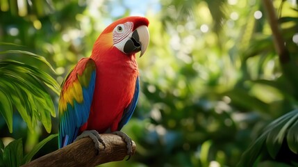 Obraz premium A vibrant red and blue macaw parrot perched on a branch amidst lush greenery in a tropical forest. Exotic bird and nature wildlife.