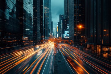 Fototapeta premium Road in city with skyscrapers and car traffic light trails. Long exposure of evening rush hour with cars racing in and out of Downtown with generative ai