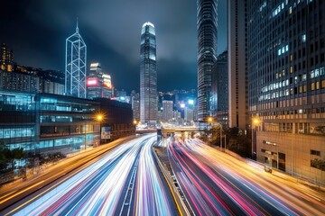 Naklejka premium Road in city with skyscrapers and car traffic light trails. Long exposure of evening rush hour with cars racing in and out of Downtown with generative ai