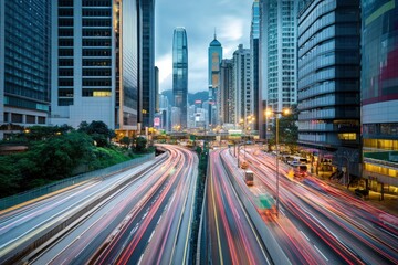 Obraz premium Road in city with skyscrapers and car traffic light trails. Long exposure of evening rush hour with cars racing in and out of Downtown with generative ai