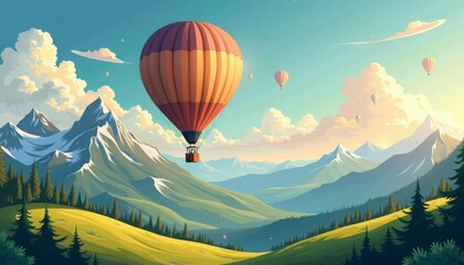 Obraz premium Illustration wallpaper of an hot air balloon floating in the sky over hills and mountains , banner background in paper art style