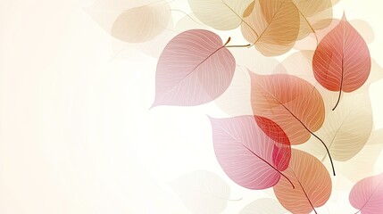 Soft pink and red leaves gently swirl through the air, creating a tranquil atmosphere with delicate lines and subtle colors