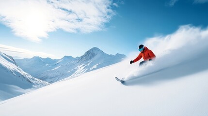 Skier in Bright Orange Jacket on Snowy Mountain Slope