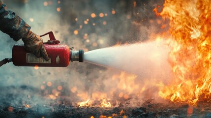 A firefighter uses a fire extinguisher to combat a blaze, the white foam shooting out towards the intense flames.