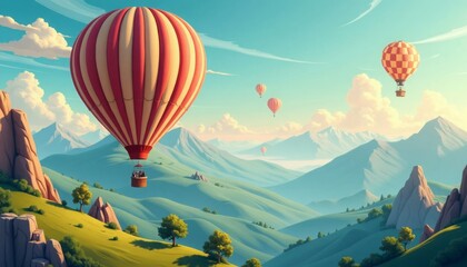 Fototapeta premium Illustration wallpaper of an hot air balloon floating in the sky over hills and mountains , banner background in paper art style