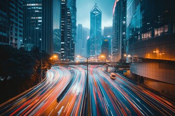 Obraz premium Road in city with skyscrapers and car traffic light trails. Long exposure of evening rush hour with cars racing in and out of Downtown with generative ai