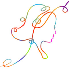 Woman colored face one line drawing on white isolated background. hand drawn. Not AI, Vector illustration.