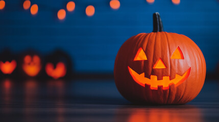 Fototapeta premium Halloween pumpkin glowing on a dark blue background with lights and more pumpkins out of focus in the background