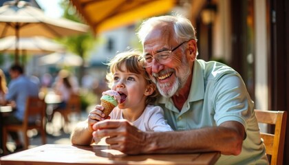 Cheerful grandfather and grandchild eating ice cream outdoors on sunny summer day at an outdoor cafe restaurant