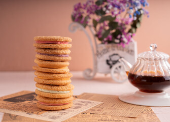 stack, flower, cookie, filled, homemade, cream, sweet, flavored, similar, dessert, background, kitchen, made, table, plate, white, image, morning, drink, goods, pastry