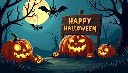 Fototapeta premium A Halloween sign with bats flying in the background