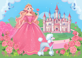 Beautiful fairytale princess and puppy. Pink candy background with castle, rainbow and fabulous flower meadow. Wallpaper for girl. Wonderland. Cartoon illustration for children's print or sticker © penochka1