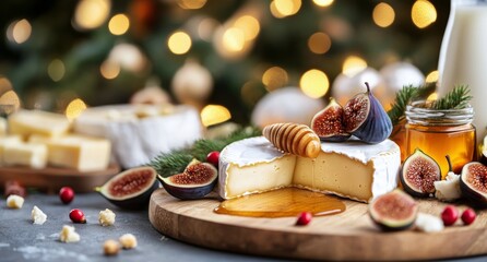 Festive cheese platter with figs, honey, and decorative greenery during the holiday season