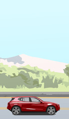 Fototapeta premium Vertical illustration of a red car traveling on a road with a mountain landscape as a background
