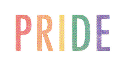 Word text Pride - LGBT pride slogan. Pixelate color halftone dotted texture effect with rainbow colored characters. Banner