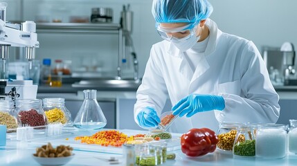 Lab technician analyzing food additives in a sterile environment, food safety, scientific food innovation