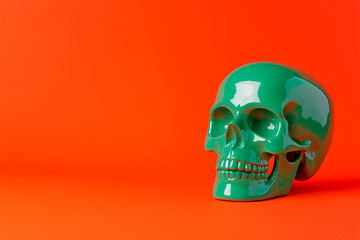 A green skull for halloween with a striking contrast of a vibrant orange background with copy space