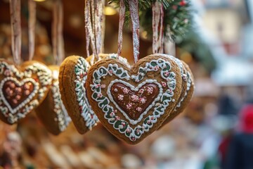 A row of gingerbread hearts hanging from a string, generative ai image