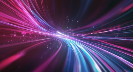 Colorful abstract light trails create a dynamic visual effect against a dark background