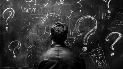 Man stands facing a blackboard covered in question marks and scribbles
