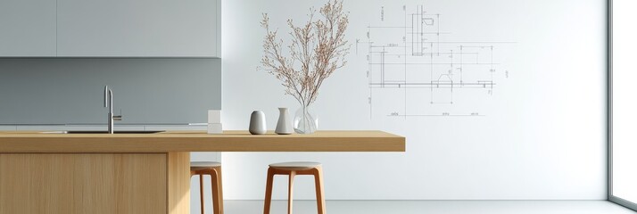 Fototapeta premium A modern, open-concept kitchen and dining area with a sleek, minimalist design, featuring a wooden island, bar stools, and an architectural blueprint displayed on the wall, symbolizing planning, funct