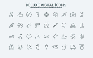 Weapon ammunition of war, tank, drone, missile, bomb, helmet, and gun of army soldier thin black outline symbols vector illustration. Military technology and equipment line icon set.