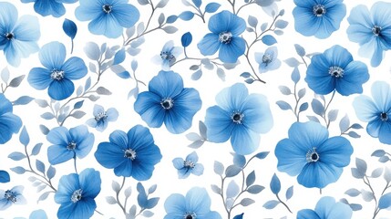 Fototapeta premium A repeating pattern of blue flowers and leaves on a white background, painted in a watercolor style