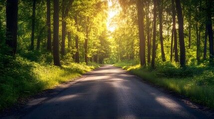 Obraz premium Sunny pathway leading into a beautiful green forest picture