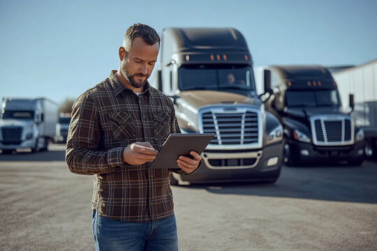 Truck driver using a tablet to manage logistics in front of a fleet of trucks, showcasing modern transportation technology