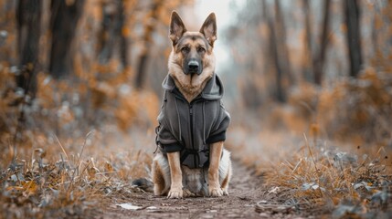 Naklejka premium German Shepherd in a Hoodie Sitting on a Forest Path