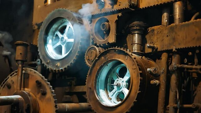 An intricate arrangement of gears and rotating wheels is highlighted in a dimly lit workshop. Steam rises as the machinery operates, showcasing its industrial design and function