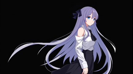 anime girl on black background with long purple hair with white shirt
