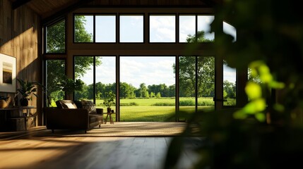 Fototapeta premium A modern barn interior with large windows showcasing a picturesque countryside view, offering a sense of tranquility, spaciousness, and connection to nature.
