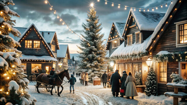 A snow-covered village at dusk, with twinkling Christmas lights strung between cottages, a decorated Christmas tree in the town square, people walking in warm coats, snow gently falling