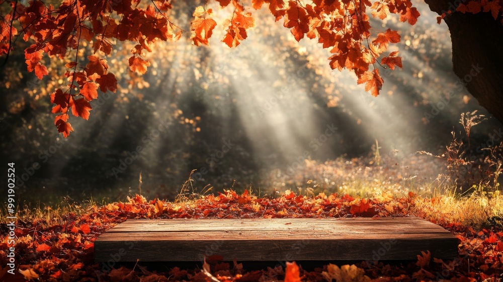 Poster golden rays of sunlight illuminate a tranquil spot in the woods where a wooden platform rests on a c