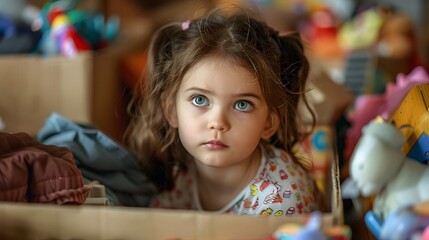 Young Girl Among Packed Toys, thoughtful young girl surrounded by boxes of toys and clothes, symbolizing change and the bittersweet moments of growing up